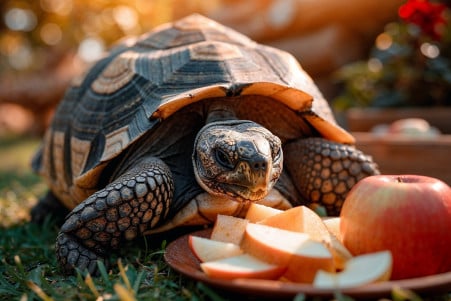 Serene tortoise on grass nibbling on a slice of apple, with apple pieces on a plate in the background