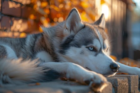 Siberian Husky with grey and white coat nibbling at its tail in a sunny backyard