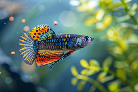 Colorful guppies swimming in a planted aquarium, near the surface to be fed