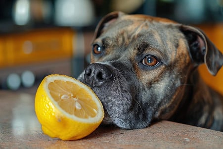 Curious Staffordshire Bull Terrier with a puzzled expression sniffing a lemon on a kitchen counter