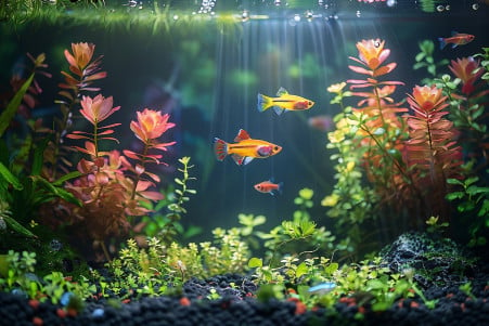 Well-lit 5-gallon fish tank with three vibrant guppies and aquatic plants