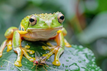 Green Tree Frog perched on a leaf with an insect in front, set against a lush background