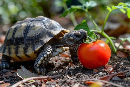 Shelled tortoise reaching for a ripe red tomato in a sunny garden patch