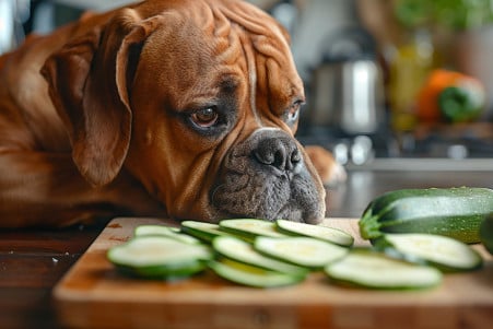 Friendly Boxer dog sniffing slices of raw zucchini on a cutting board in a bright kitchen