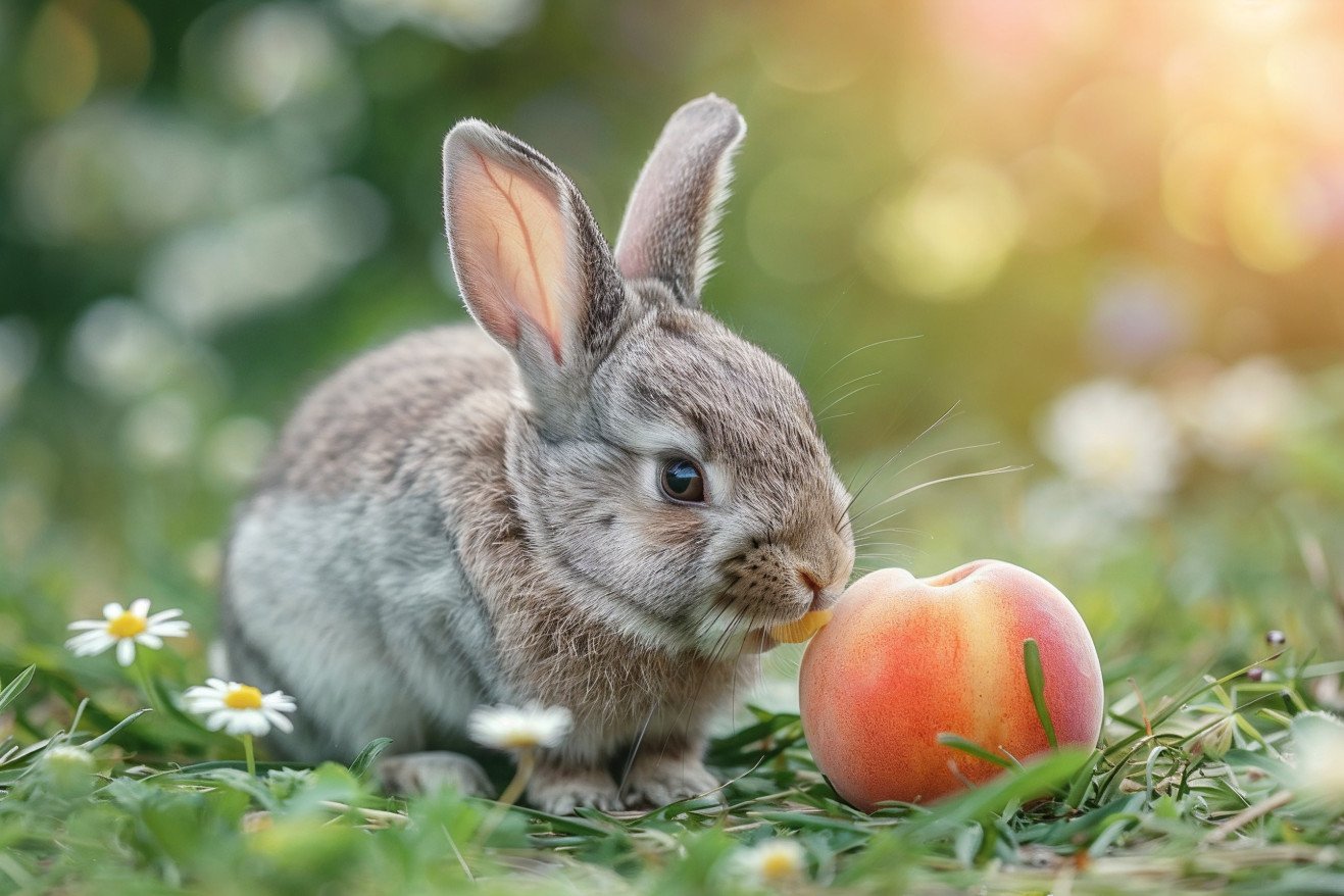Grey Netherland Dwarf rabbit sniffing a sliced peach on a grassy field with daisies