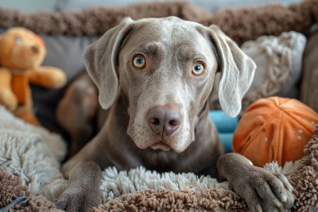 Curious-looking Weimaraner sitting in its bed among toys, exemplifying typical dog behavior