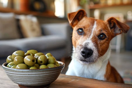 Jack Russell Terrier eyeing a bowl of pitted green olives on a coffee table in a blurred living room setting