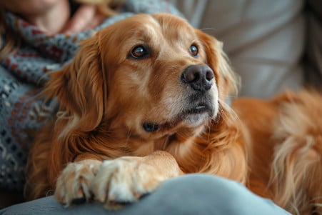 Concerned owner observing their Golden Retriever pawing at its hind leg in a home setting