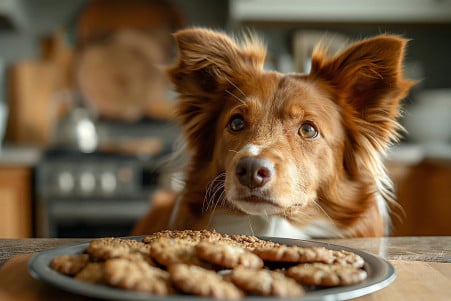 Brown and white Border Collie looking at a plate of ginger snaps on a kitchen counter