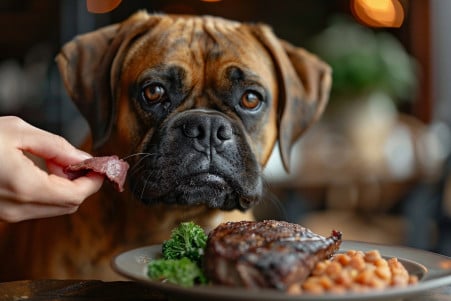 Content Boxer dog being fed a small piece of plain roast beef in a dining room setting