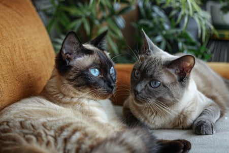 Two cats in a warm living room sniffing each other's tails, illustrating feline scent communication