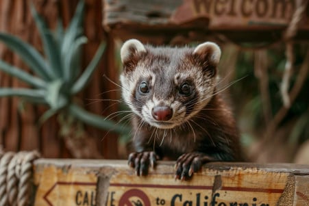 Curious ferret peering over a 'Welcome to California' sign with a prohibition symbol, set against a Californian landscape