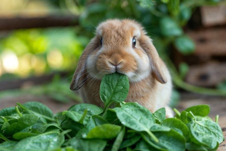 Brown mini lop rabbit nibbling on a green spinach leaf on a wooden surface with a garden background