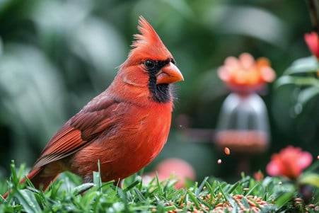 Bright red cardinal bird pecking at grass seeds on a lawn, with a bird feeder in the soft-focus background