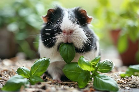 Happy American Guinea Pig with a black and white coat eating fresh green basil leaves