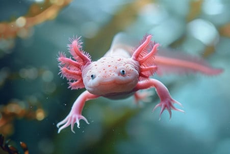 Pink axolotl swimming in a freshwater aquarium with a focus on its feathery gills and smiling face