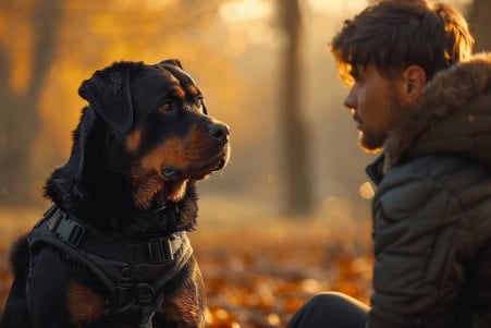 Well-trained Rottweiler sitting calmly in a park, attentively looking towards its owner