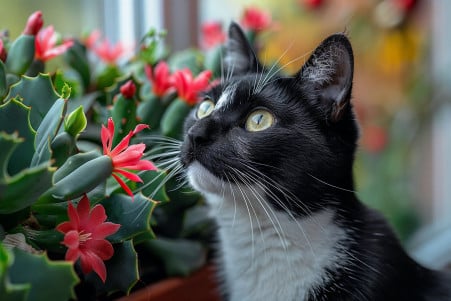 Tuxedo cat inspecting a blooming Christmas cactus with soft-focus holiday decorations in the background