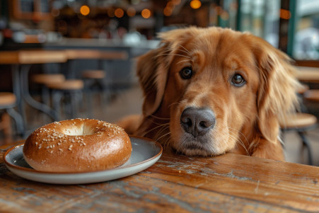 Curious Golden Retriever sitting by a table with a bagel, in a bright kitchen