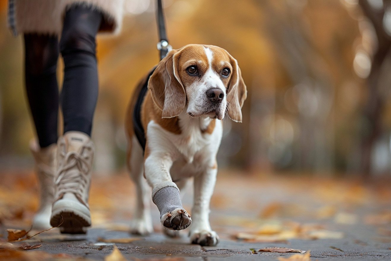Responsible owner walking a three-legged Beagle with a protective boot in an urban park