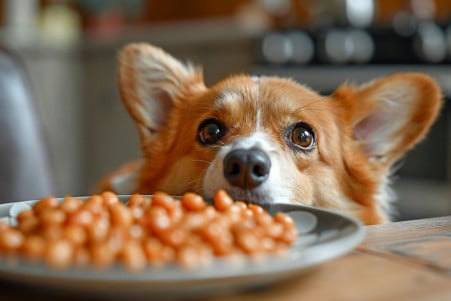 Intrigued Welsh Corgi sniffing a small plate of cooked pinto beans in a cozy kitchen