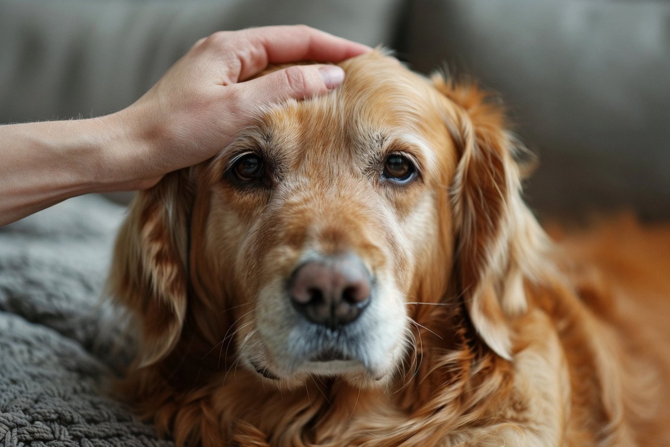 Concerned owner checking the forehead temperature of a worried-looking golden retriever at home