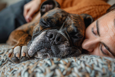 Owner smelling the paws of a relaxed brindle-coated Boxer dog in a cozy living room
