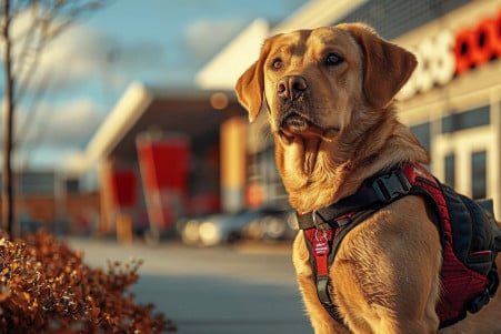 Yellow Labrador Retriever in a service dog vest waiting outside Costco