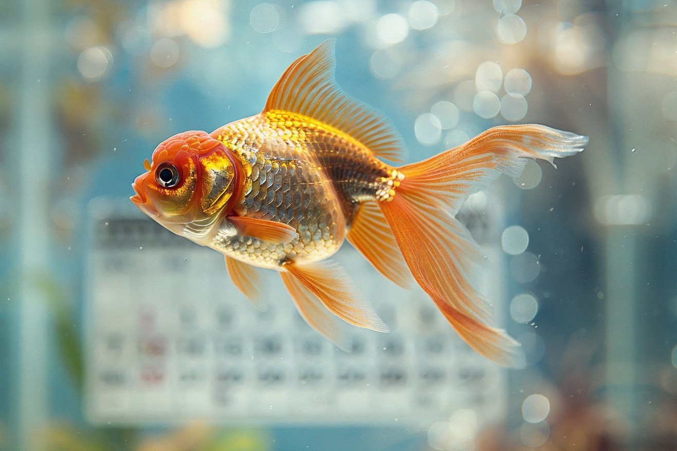 Vibrant orange Goldfish swimming in a fishbowl with a calendar in the background