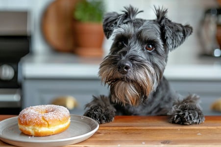 Gray Schnauzer looking longingly at a donut on a high kitchen shelf, indicating it's harmful for dogs