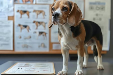 Beagle standing next to a diagram showing leg anatomy, focusing on the dog's hind leg in a vet clinic