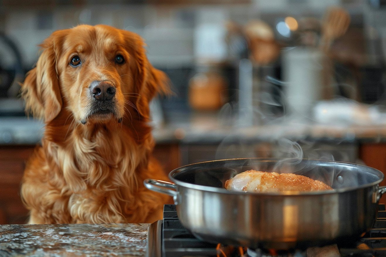 Cooking pot on the stove with hot water and chicken breast, Golden Retriever watching expectantly