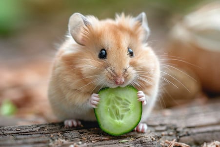 Chubby golden Syrian hamster eating a piece of cucumber in a wooden enclosure with soft bedding