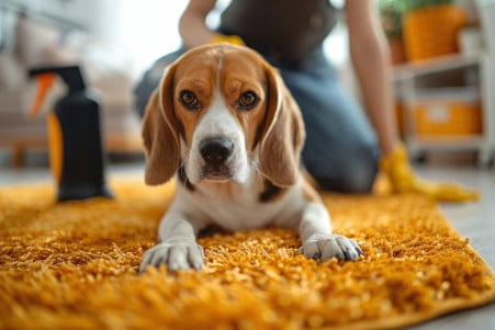 Person scrubbing a carpet with cleaning supplies as a remorseful Beagle watches
