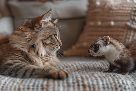 Curious Siberian cat and playful ferret in a cozy living room with toys, highlighting their peaceful interaction