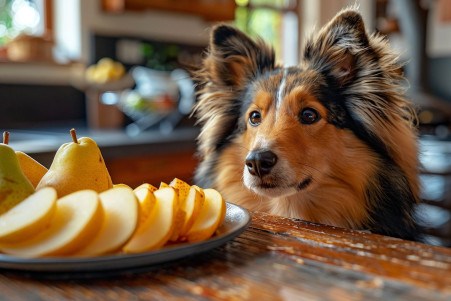 Shetland Sheepdog attentively looking at a sliced Asian pear on a plate in a sunny kitchen