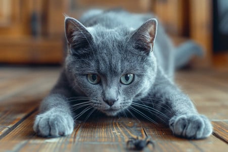 Russian Blue cat pouncing on a spider on a wooden floor, showcasing hunting instinct