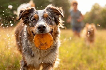 Athletic Australian Shepherd with a frisbee in its mouth, standing in a grassy park with a blurred owner in the background