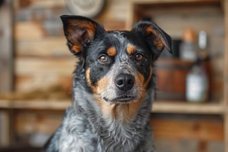 Focused Blue Heeler sitting patiently during grooming with grooming tools and hair clippings in the background