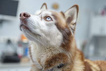 Siberian Husky with head tilted upward in a vet clinic, highlighting its throat anatomy