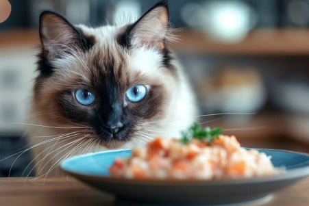 Blue-eyed Siamese cat sniffing a small plate of cooked crab meat on a kitchen countertop