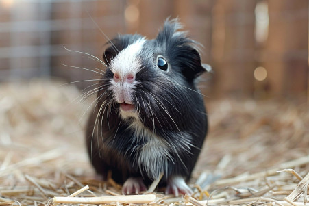 Well-groomed black and white guinea pig sniffing the air beside its clean cage