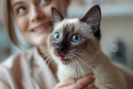 Veterinarian holding a Siamese cat with an open mouth in a vet's consultation room