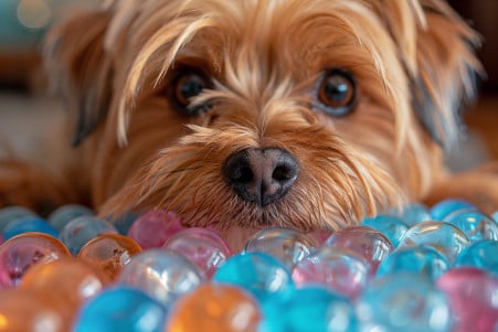 Yorkshire Terrier looking curiously at colorful water beads indoors, highlighting potential danger