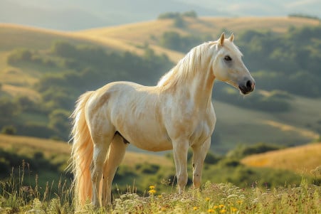 Majestic palomino horse standing in a sunny pasture with rolling green hills in the background