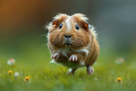 Exuberant guinea pig mid-leap in green grass, showcasing 'popcorning' behavior