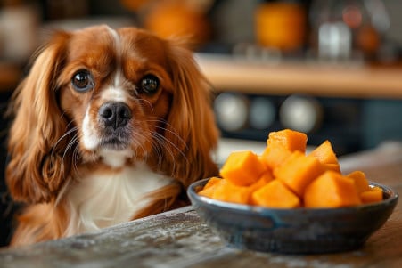 Contented Cavalier King Charles Spaniel sitting by a bowl of cooked butternut squash in a bright kitchen