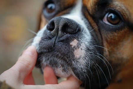 Concerned owner checking the dry nose of their Boxer dog in a home setting