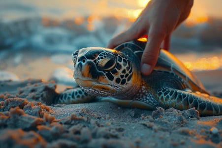A gentle hand touching the shell of a green sea turtle on a sandy beach