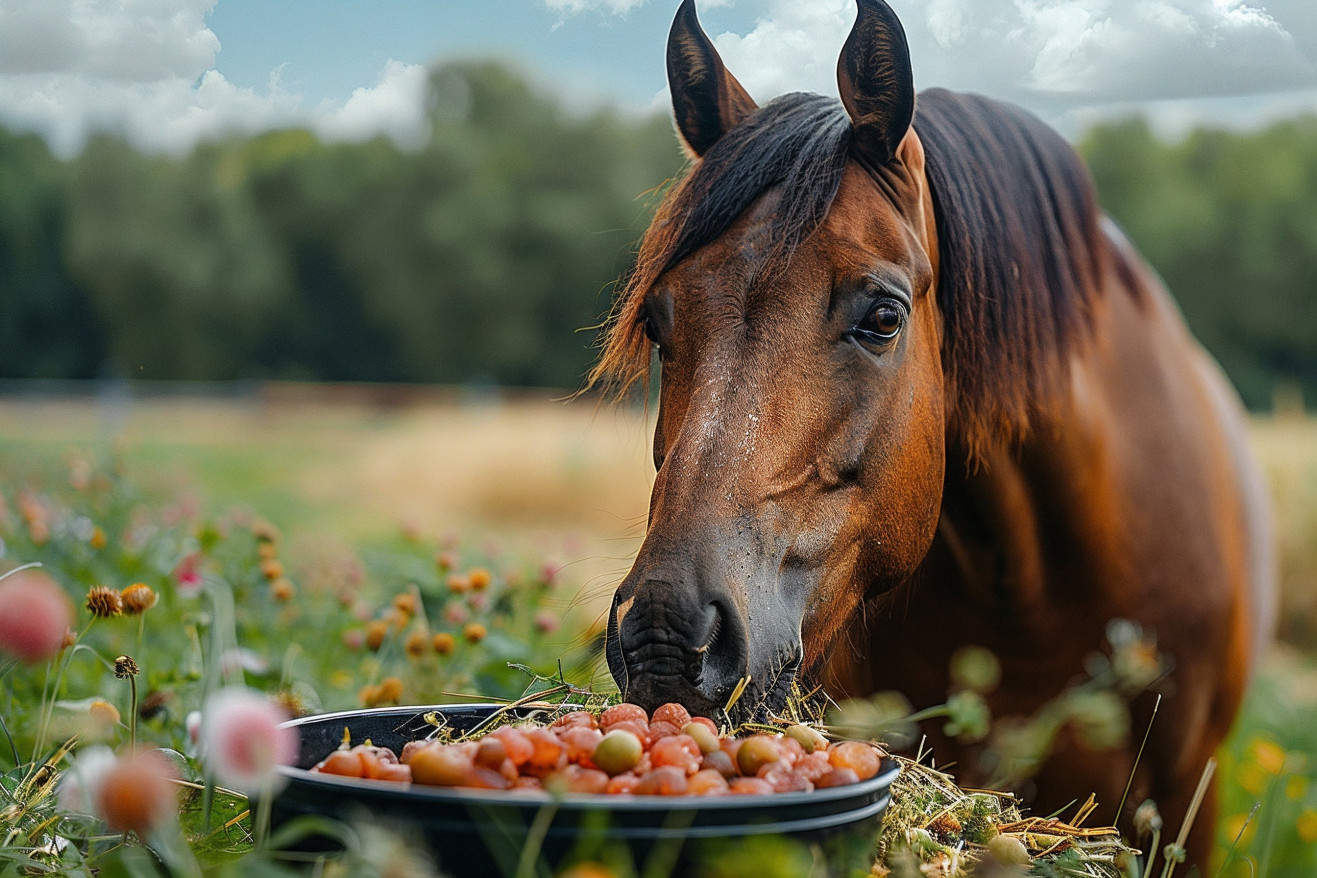 Brown horse with shiny coat eating hay in a green pasture, ignoring a bowl of meat, on a scenic farm